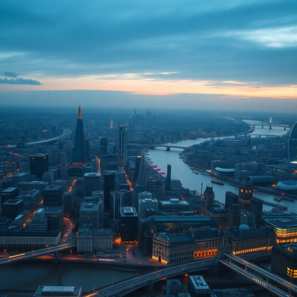 Aerial view of London cityscape at dusk, Thames river, financial district, moody cinematic lighting, professional corporate photography