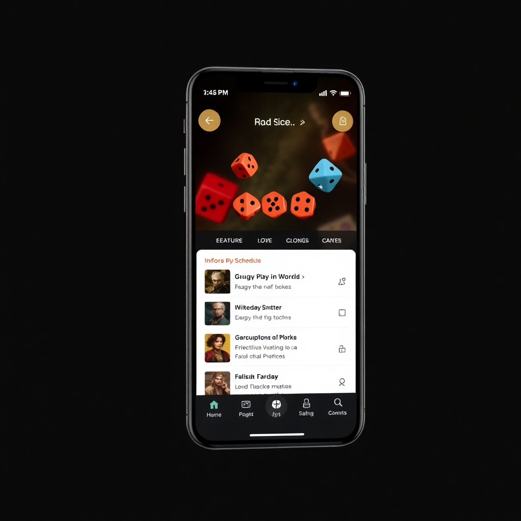 mobile phone mockup showing RPG Finder app interface with dark fantasy theme, dice icons, game scheduling features
