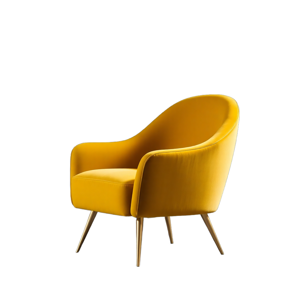 luxury yellow velvet armchair modern design gold legs studio lighting dark background high resolution product photography