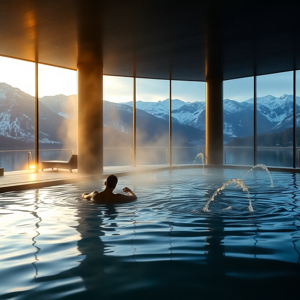 Caldea thermal lagoon Andorra indoor outdoor pool steam natural hot spring water jets panoramic mountain view editorial luxury dark cinematic champagne gold