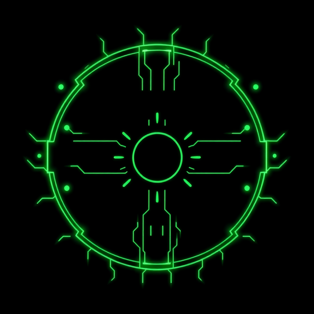 minimalist cyberpunk tech logo with glowing green circuit lines on black background