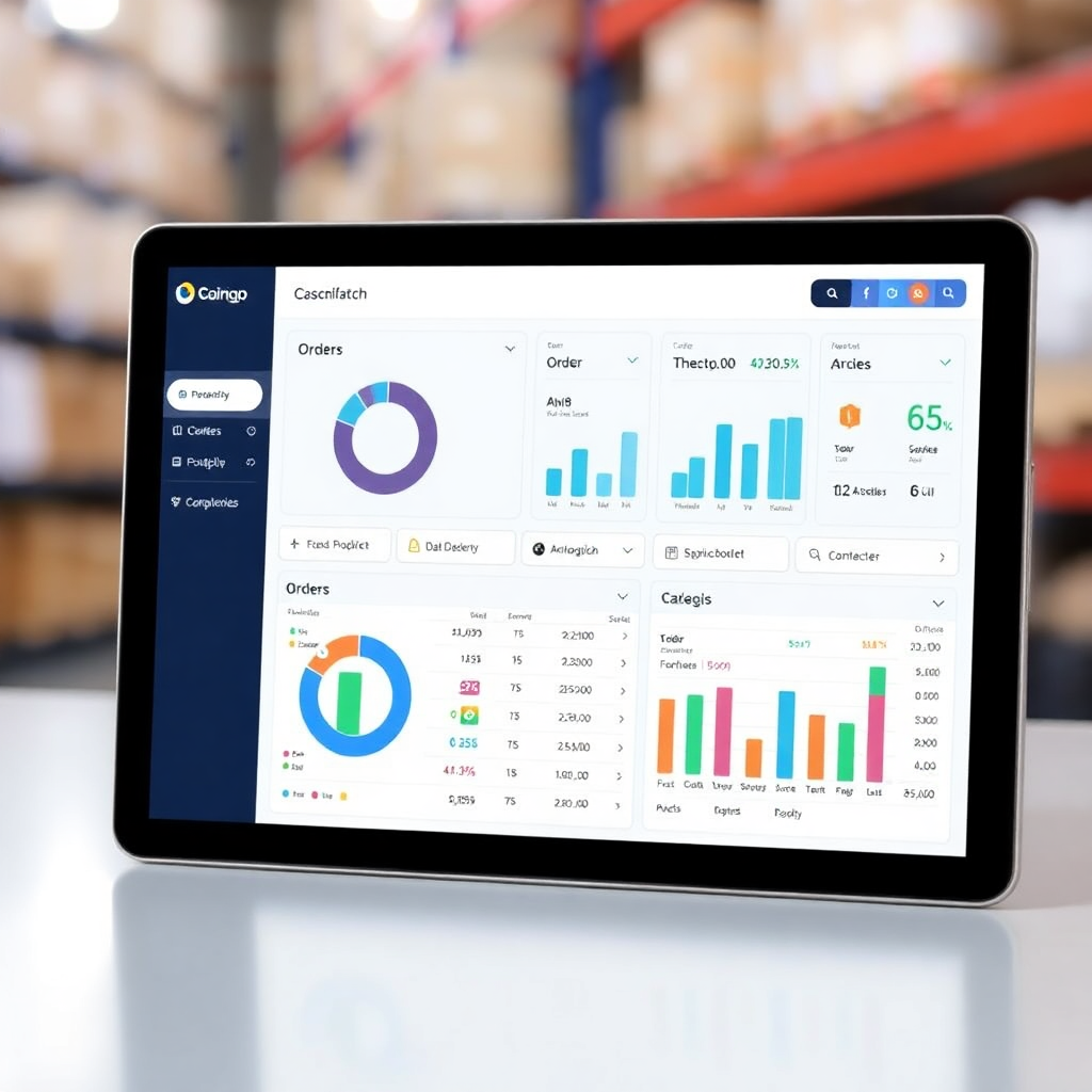 supplier dashboard interface on tablet showing analytics, orders, and inventory management, professional UI design
