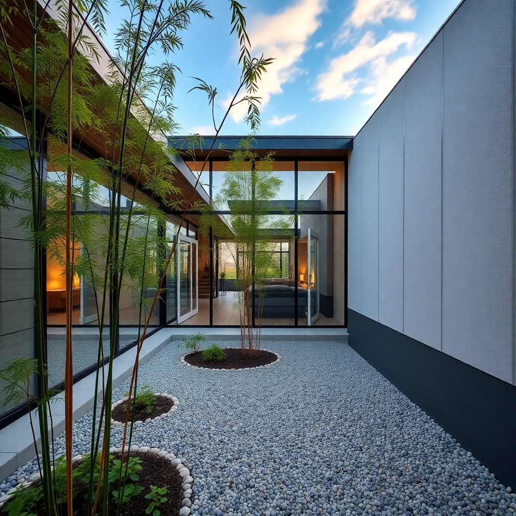 Japanese modern courtyard house, inner garden with gravel and bamboo, glass walls reflecting sky, evening light, luxury residential architecture photography