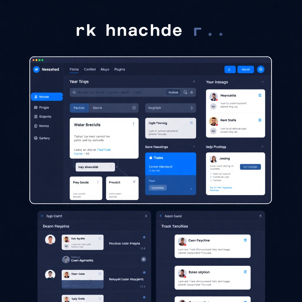 Dark mode CRM software interface with blue accents, kanban boards, and user profiles. Clean, modern SaaS design.