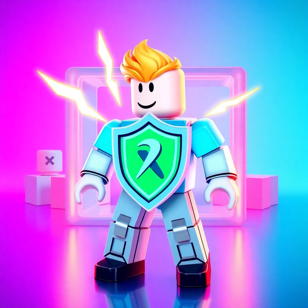 3D Roblox character with neon shield and lightning bolts, gaming portal with cubes, purple and cyan gradient background, futuristic gaming style