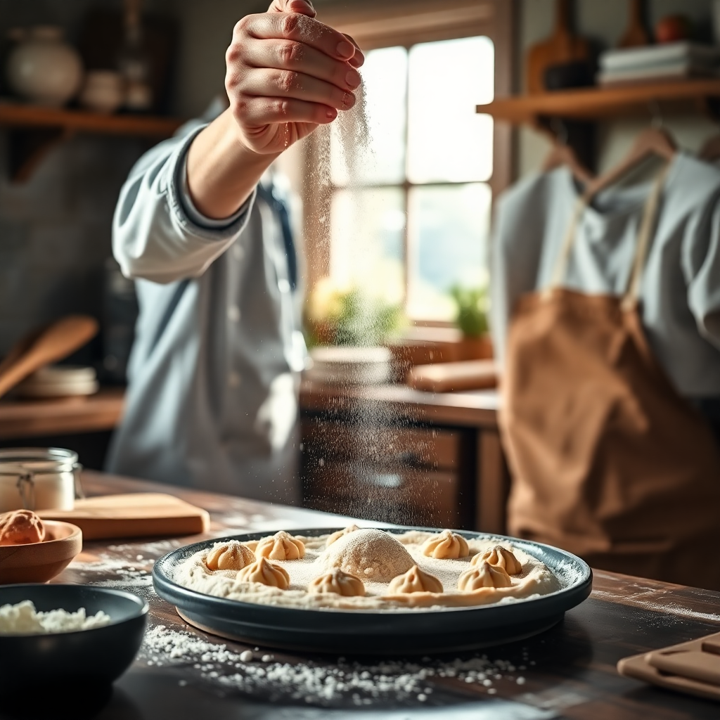 Professional baker dusting flour over fresh cookie dough in a rustic aesthetic kitchen, soft morning light