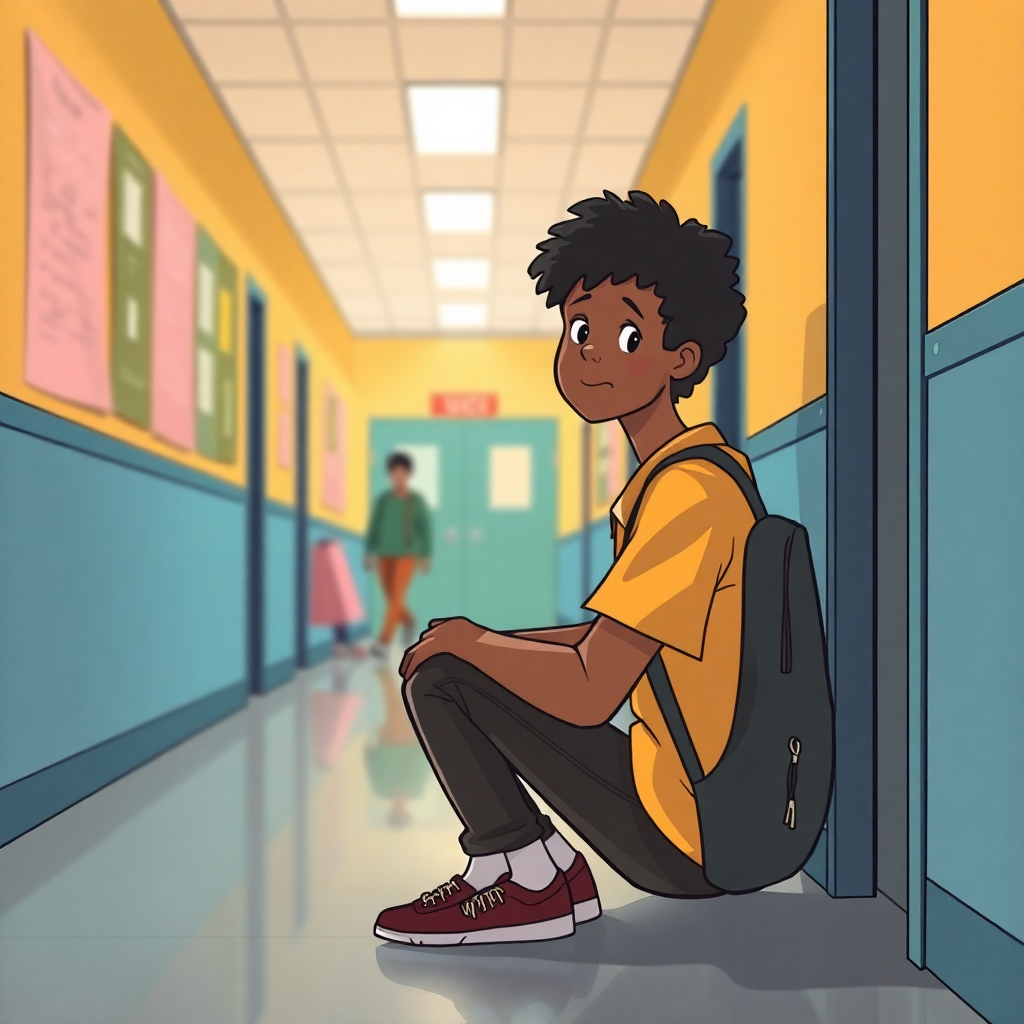 Young diverse student sitting alone in school hallway, soft lighting, empathetic illustration style, warm colors