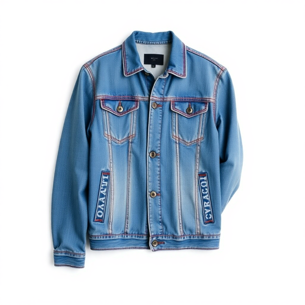 stylish denim jacket on plain background, product photography