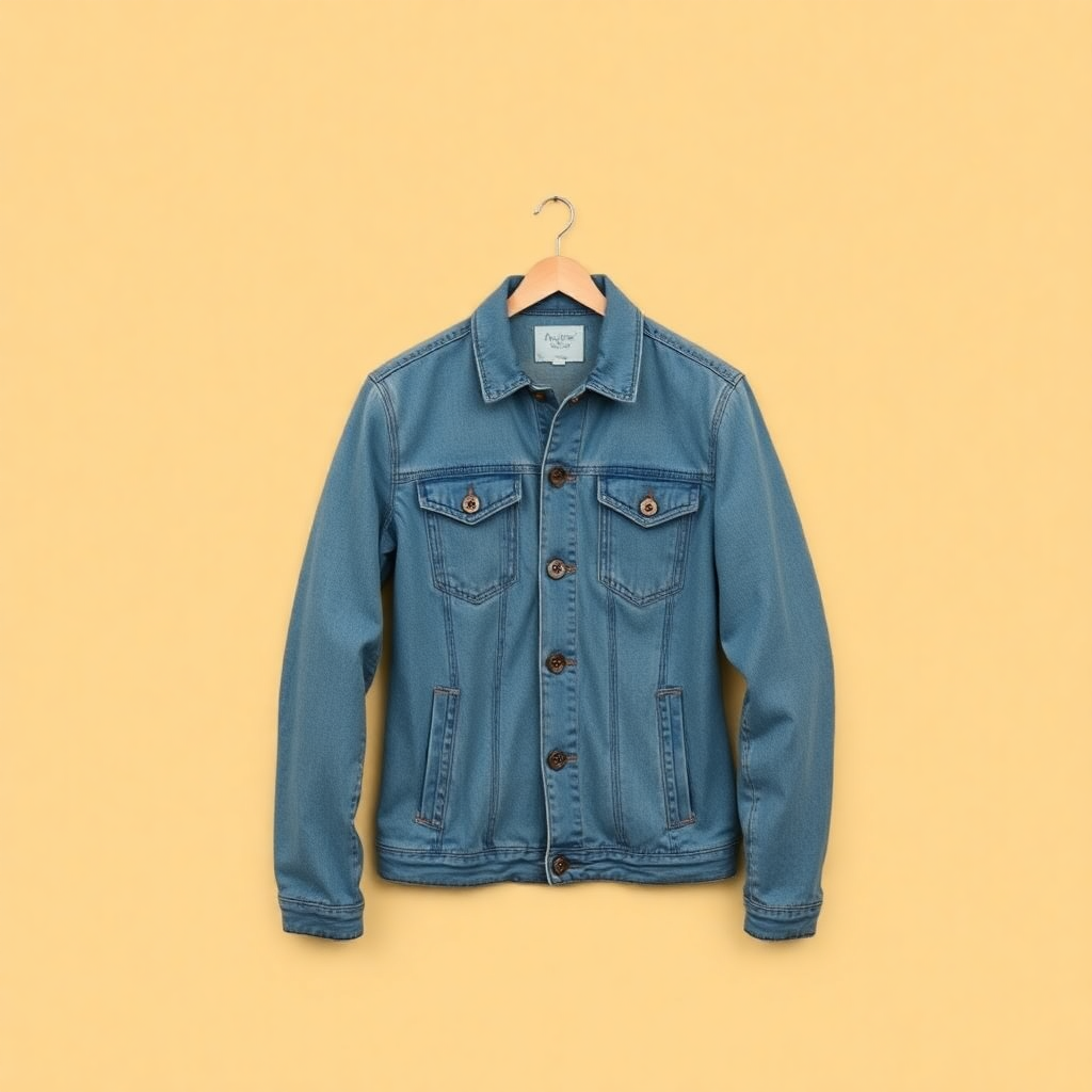 stylish denim jacket on plain background, product photography