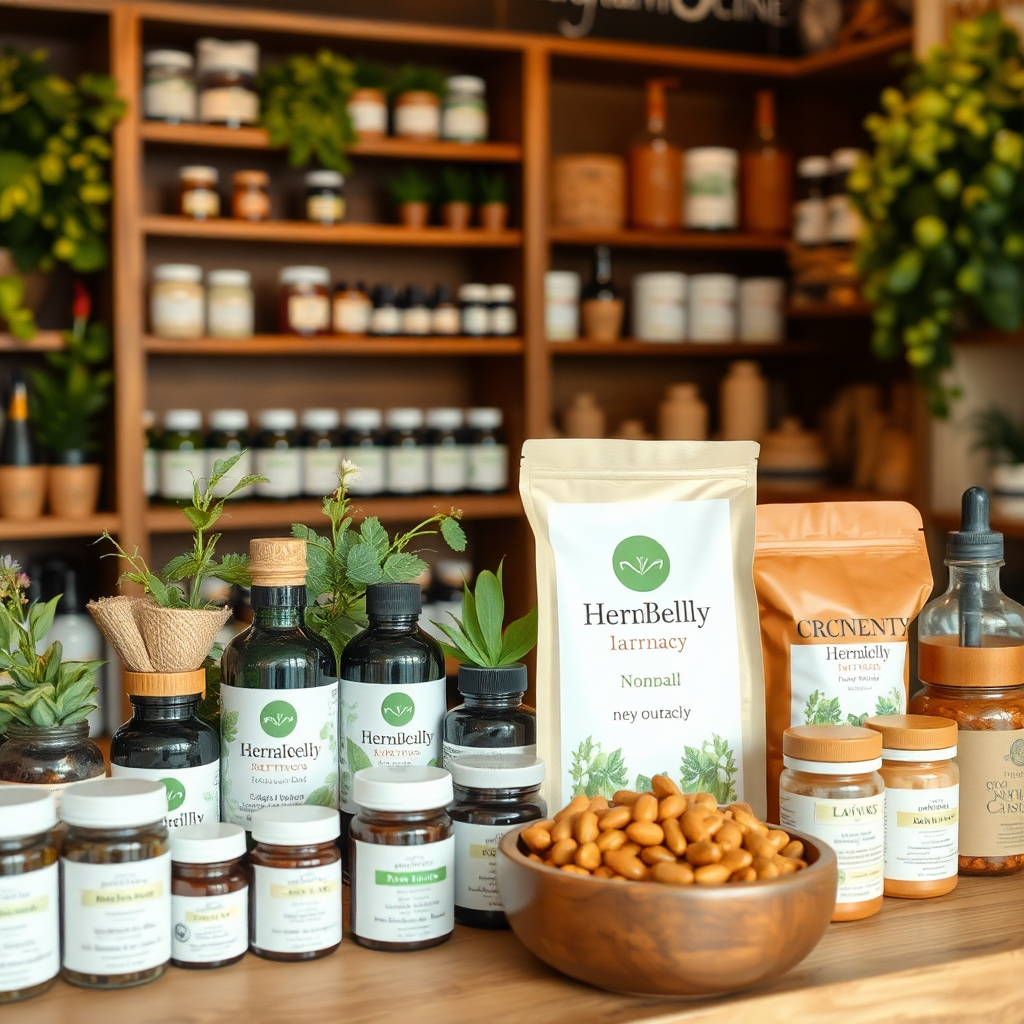 natural pharmacy with herbal products and organic medicines display
