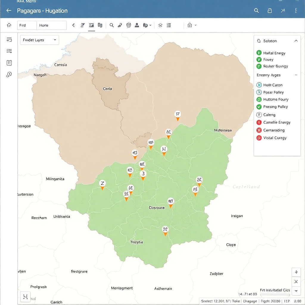 Professional GIS map interface showing Hungarian-Croatian border region with data layers, grid overlay, renewable energy markers, institutional design, clean cartographic style