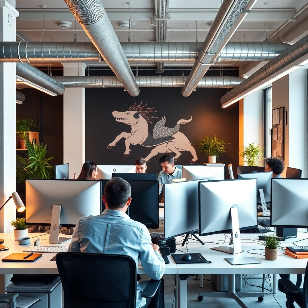 modern digital agency workspace with computers, design tools, creative team collaborating, bright office environment