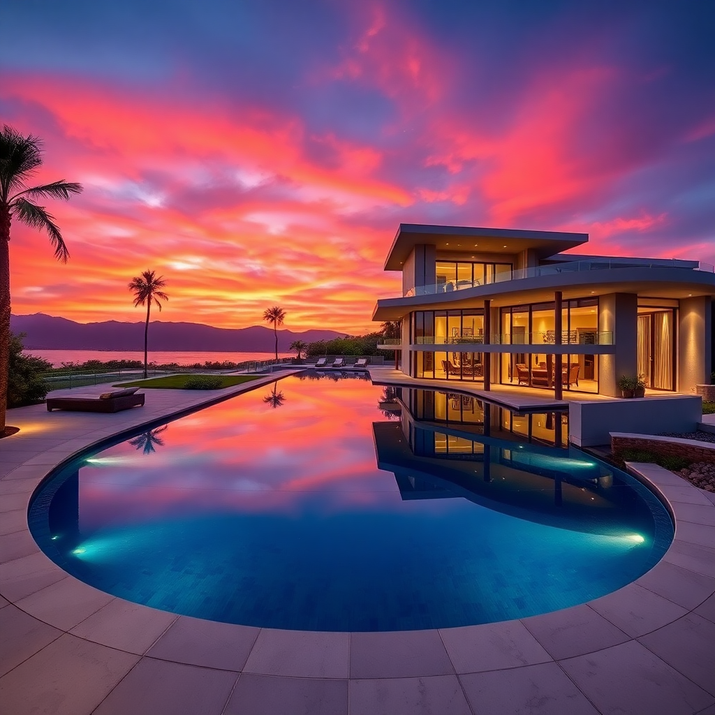 luxury modern mansion with infinity pool at sunset, professional real estate photography