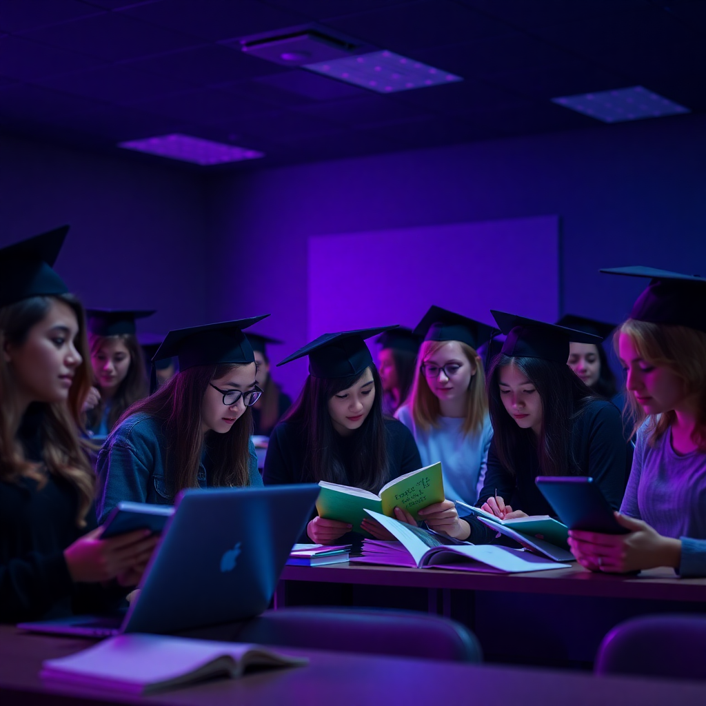 high school students studying together with books and laptops in dark modern classroom, diverse group, graduation caps, purple and blue neon lighting, dark theme