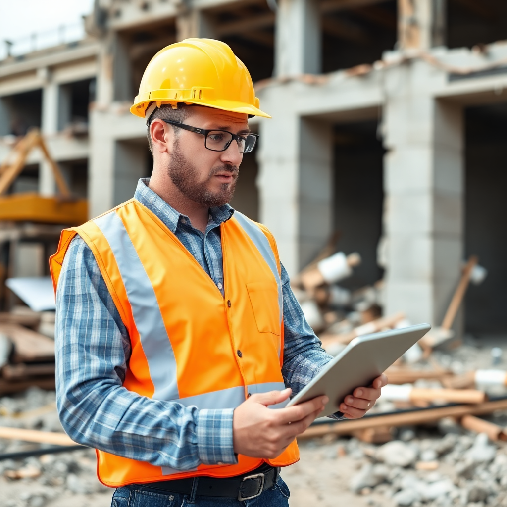 construction manager checking tablet at a demolition site