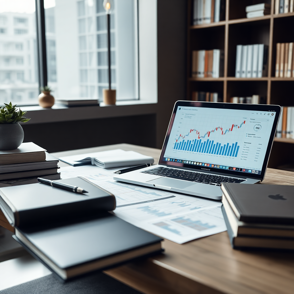 Modern financial research workspace with books, documents, and laptop showing investment charts.