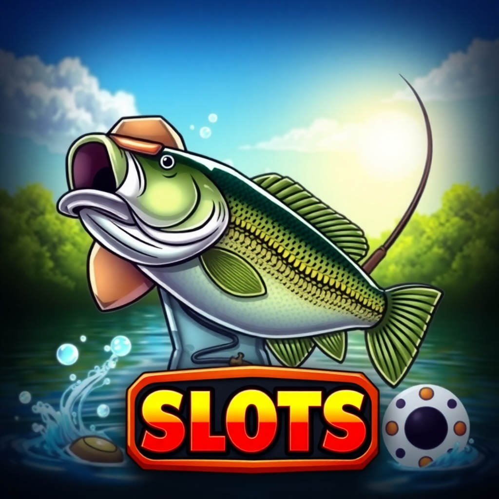 cartoon fisherman holding a big bass fish, water splash effect, fishing rod, sunny lake background, slot game icon