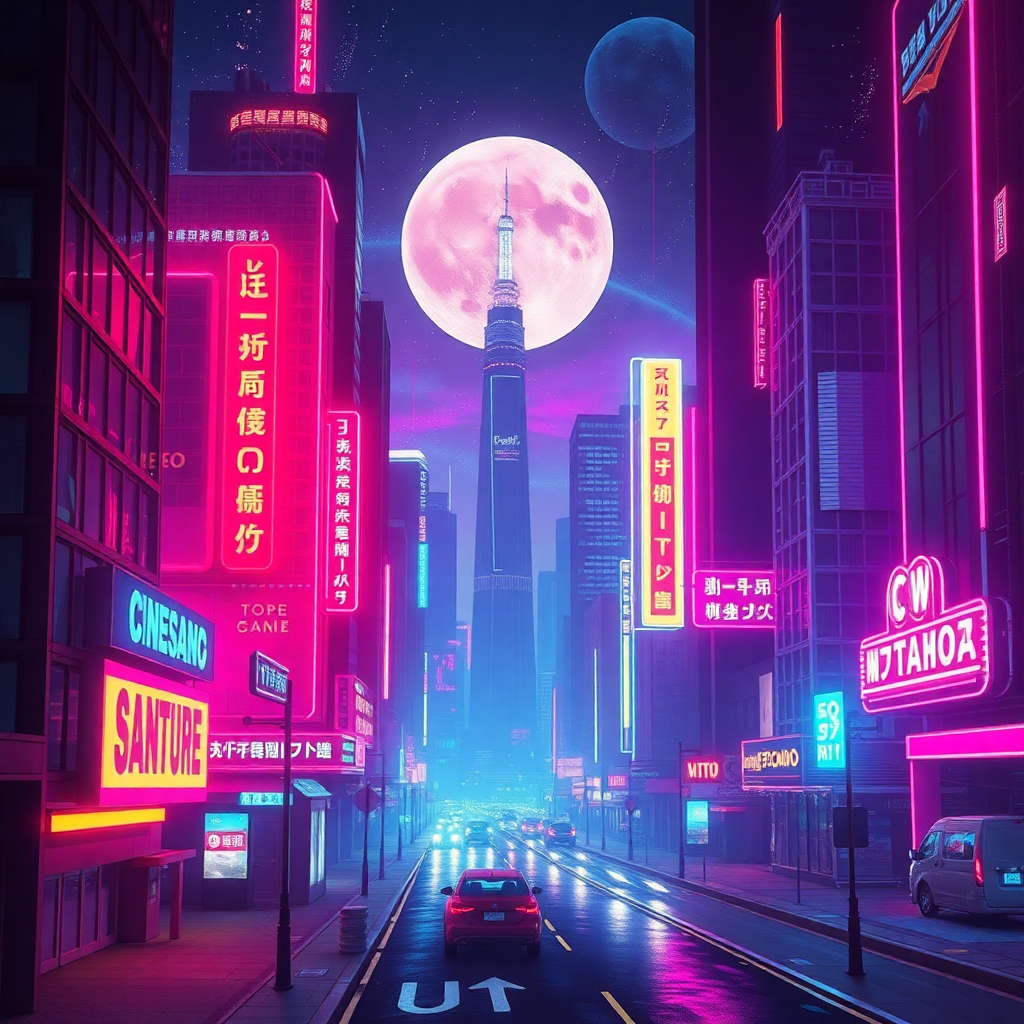 Cinematic album art with neon lights and futuristic city landscape, synthwave style