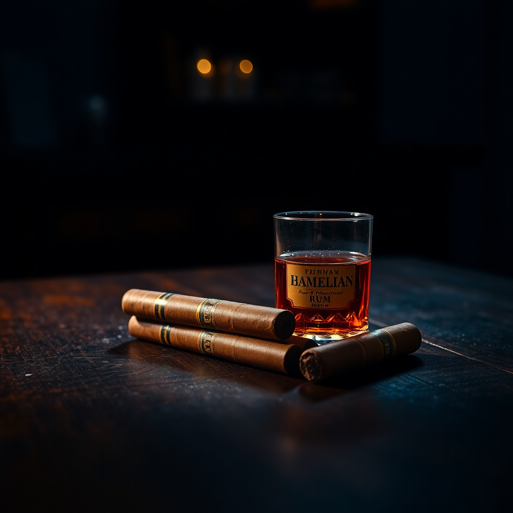 Cinematic editorial shot of premium Dominican cigars and a glass of aged rum.