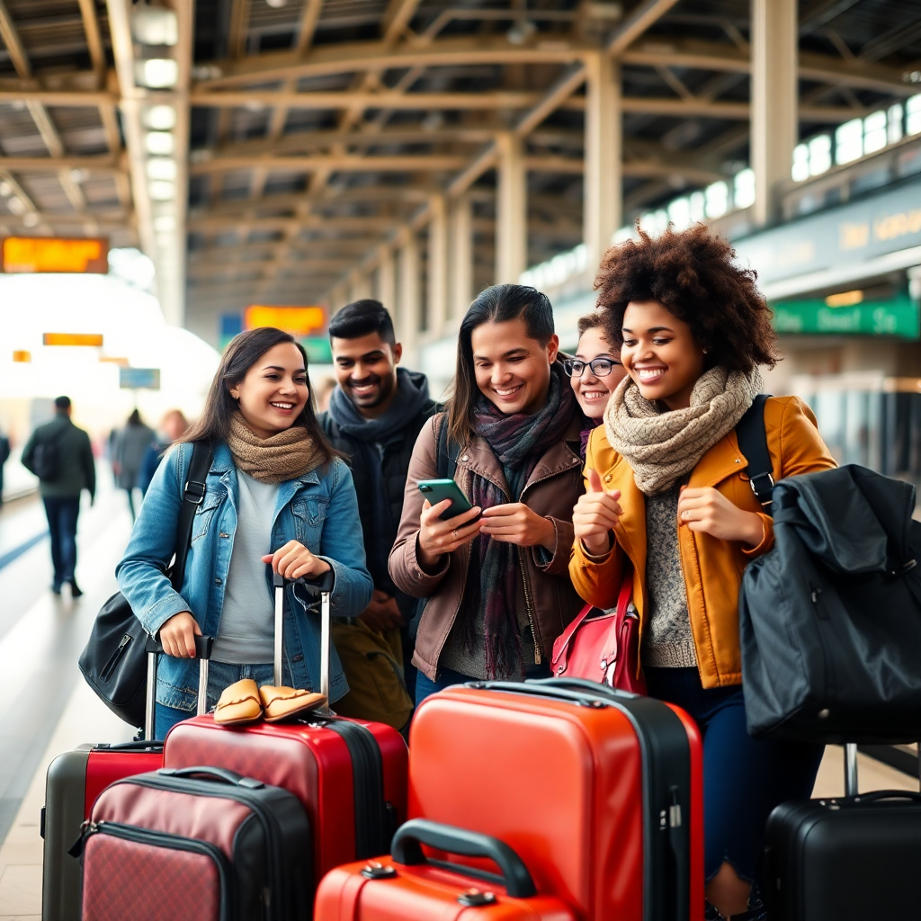 happy diverse group of travelers with luggage at a modern train station, smiling and looking at a smartphone, warm lighting, contemporary style