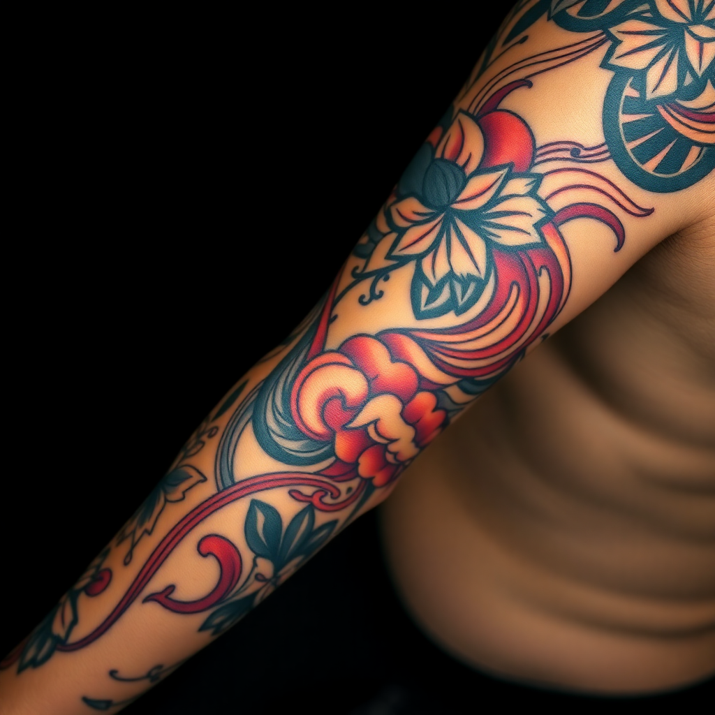 neo traditional style tattoo with bold lines and rich colors, professional tattoo photography