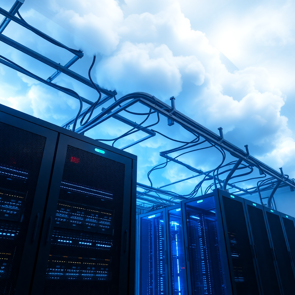 cloud computing infrastructure, servers, data center, blue lighting, modern technology