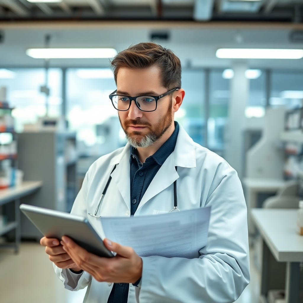 professional quality assurance manager reviewing FDA compliance documentation on digital tablet in modern pharmaceutical facility, focused expression, clean laboratory environment, natural lighting