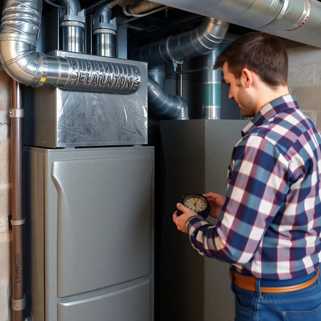 technician inspecting a modern high-efficiency gas furnace in a basement