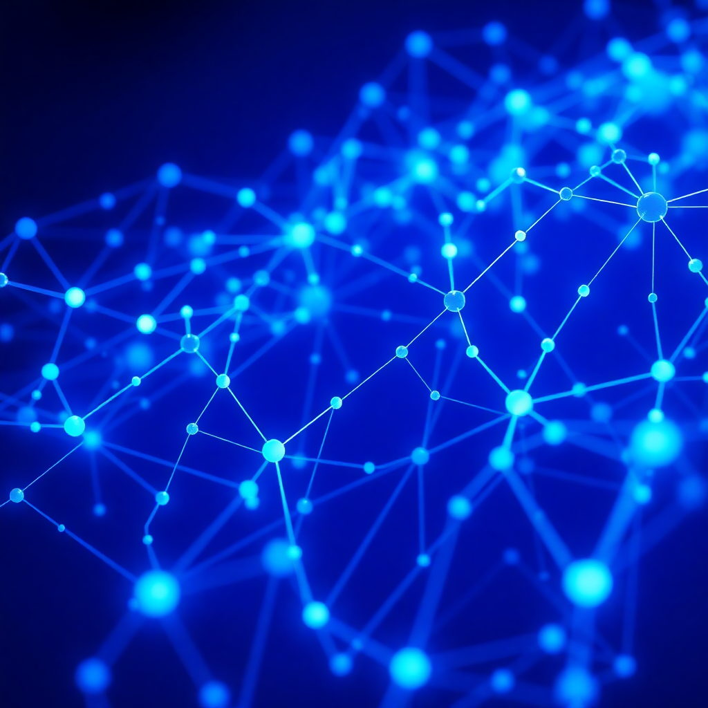 Futuristic abstract 3d visualization of AI neural networks and knowledge nodes connecting in deep indigo and subtle neon blue, dark background, highly detailed, cinematic lighting, tech innovation style