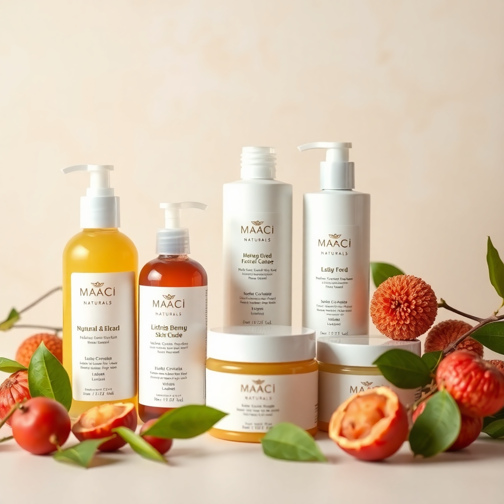 elegant natural skincare product arrangement, MaaCi Naturals brand display with litchi-based products, professional brand photography