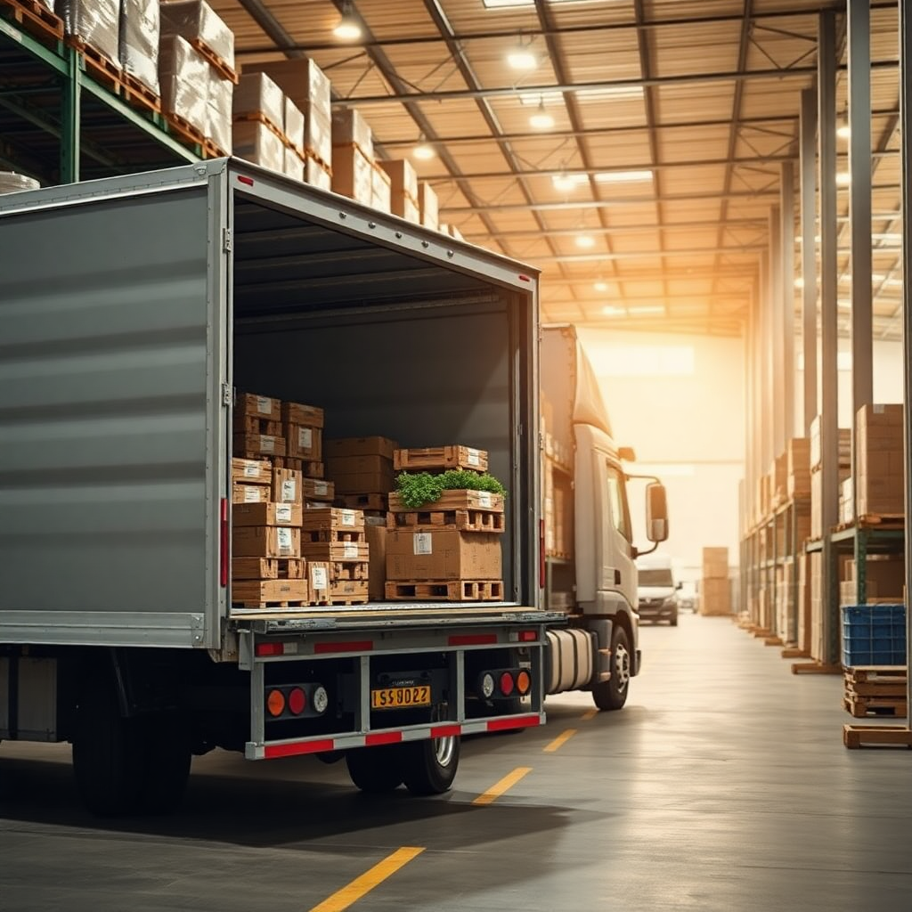 کامیون در حال بارگیری در انبار برای لجستیک و زنجیره تامین