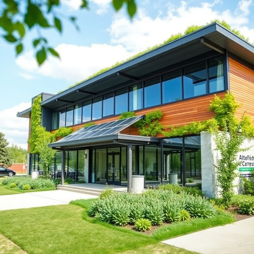 modern sustainable chemistry facility exterior, green architecture, solar panels, eco-friendly building design, professional photography