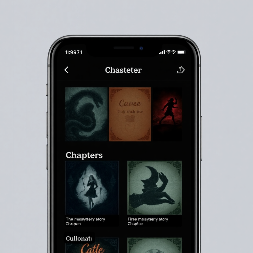 mobile app screen showing chapter selection interface with mystery story cards, dark elegant UI