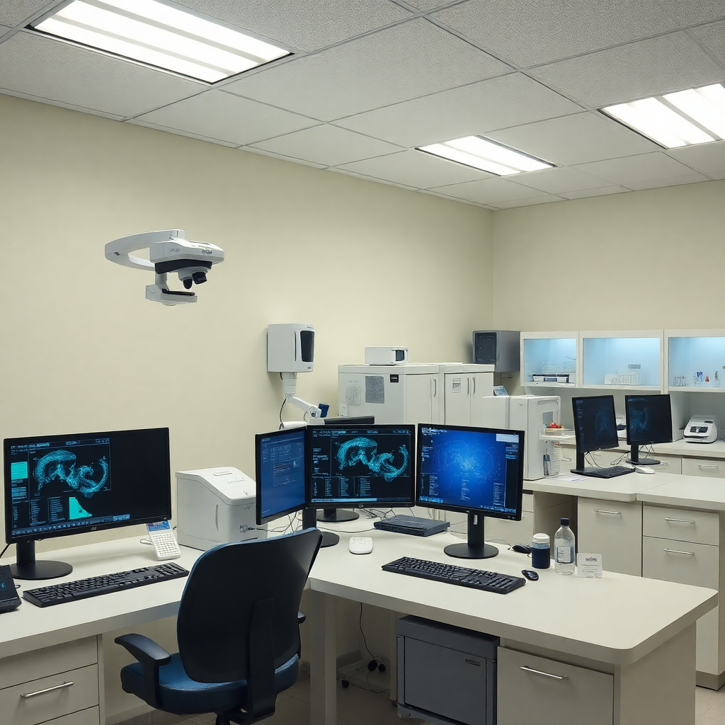 modern diagnostic laboratory with computers and lab equipment, digital workflow, professional medical setting