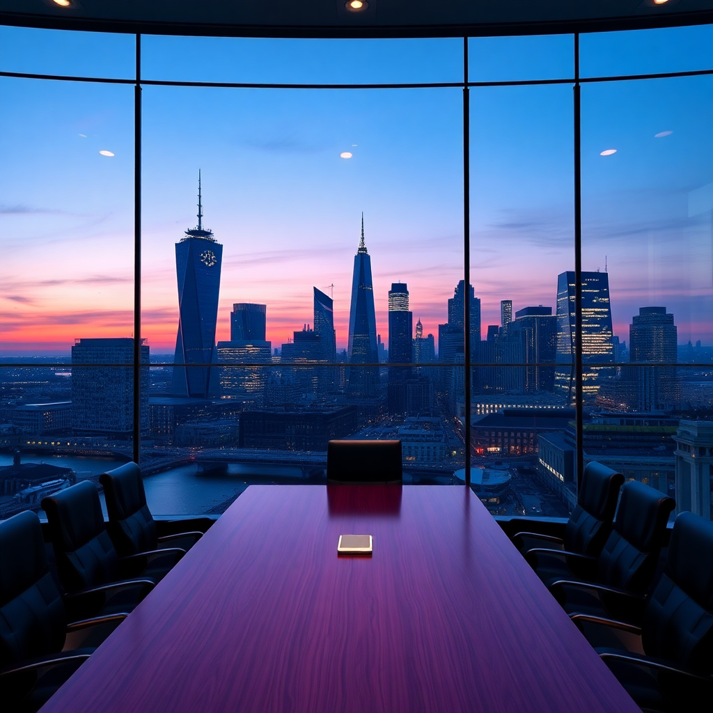Modern London skyline or premium boardroom at dusk, professional corporate setting, high quality, cinematic lighting