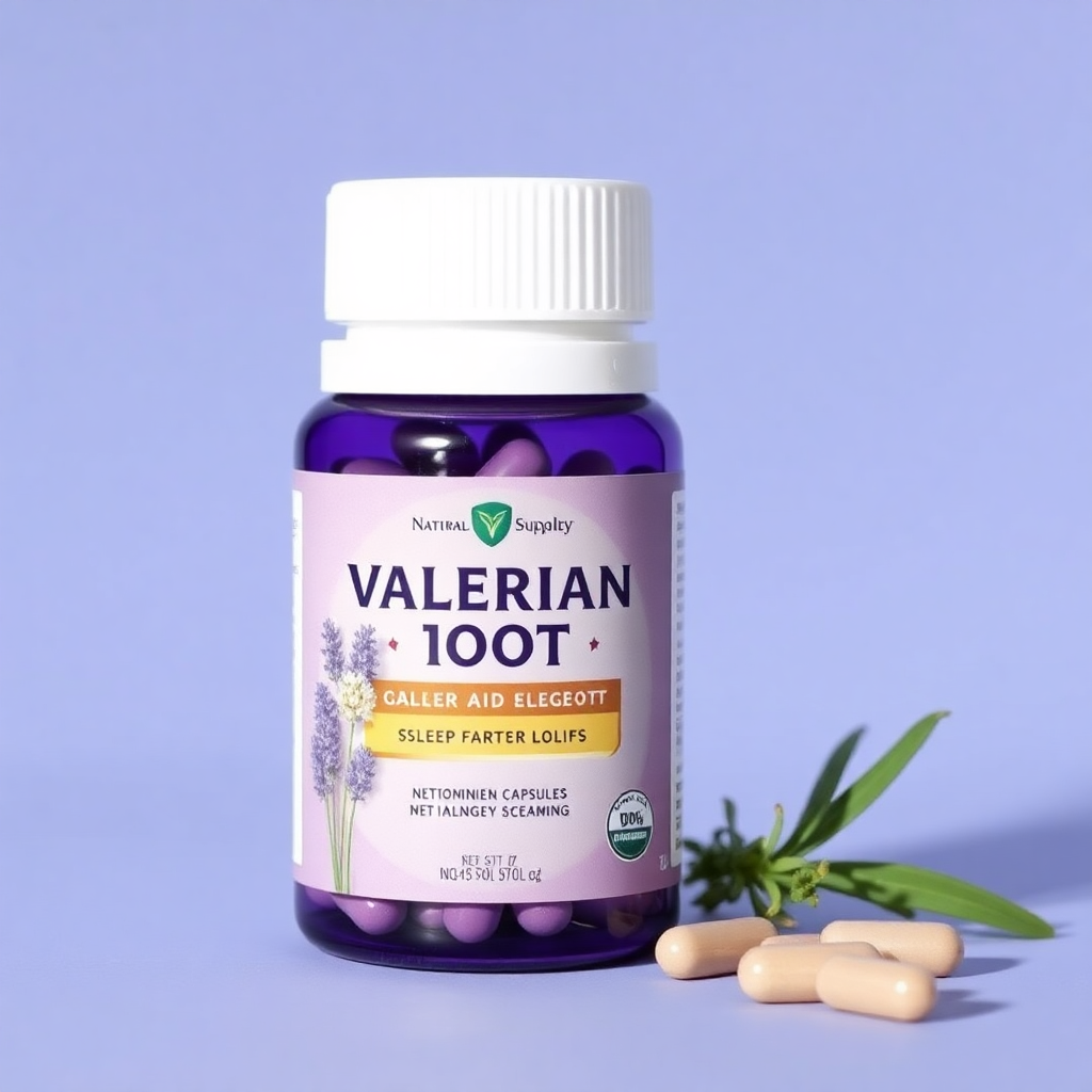 valerian root sleep aid capsules, purple bottle, natural sleep support, herbal supplement, clean background