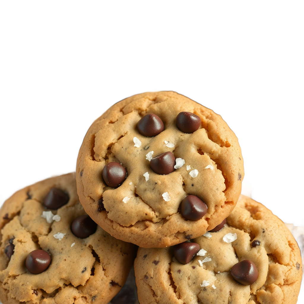 a pile of gourmet chocolate chip cookies with sea salt, high end food photography, soft lighting, transparent background