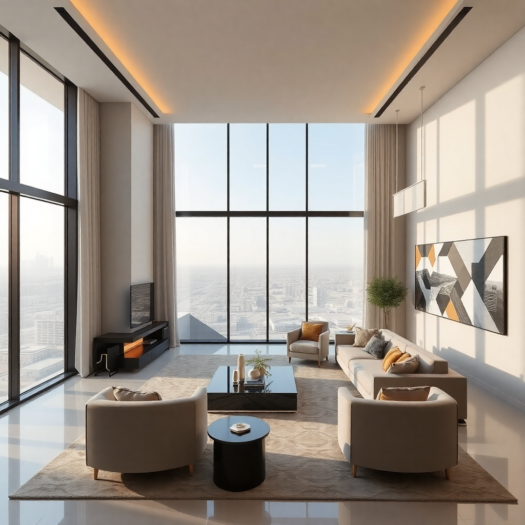 Modern high-end residential apartment interior in Dubai with floor-to-ceiling windows