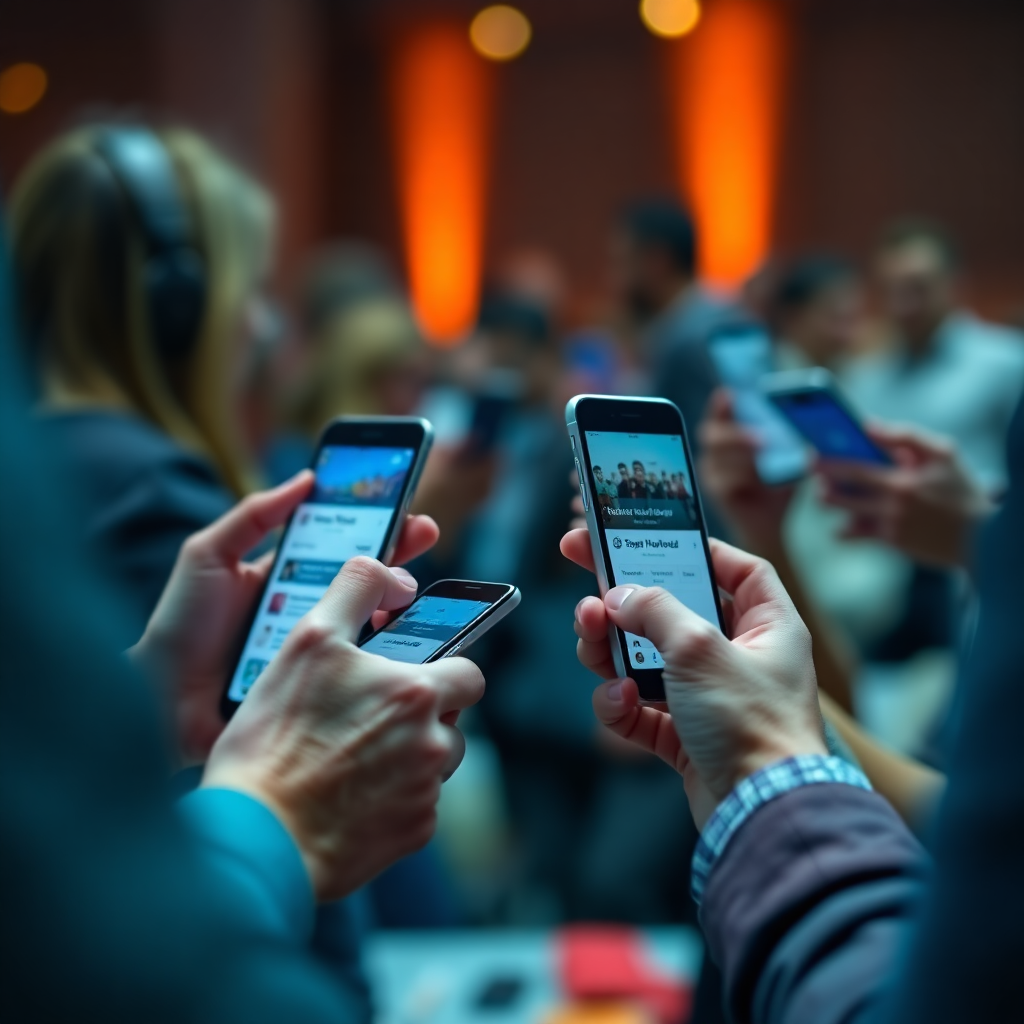 People using smartphones to vote on projects, close up on hands, modern UI visible