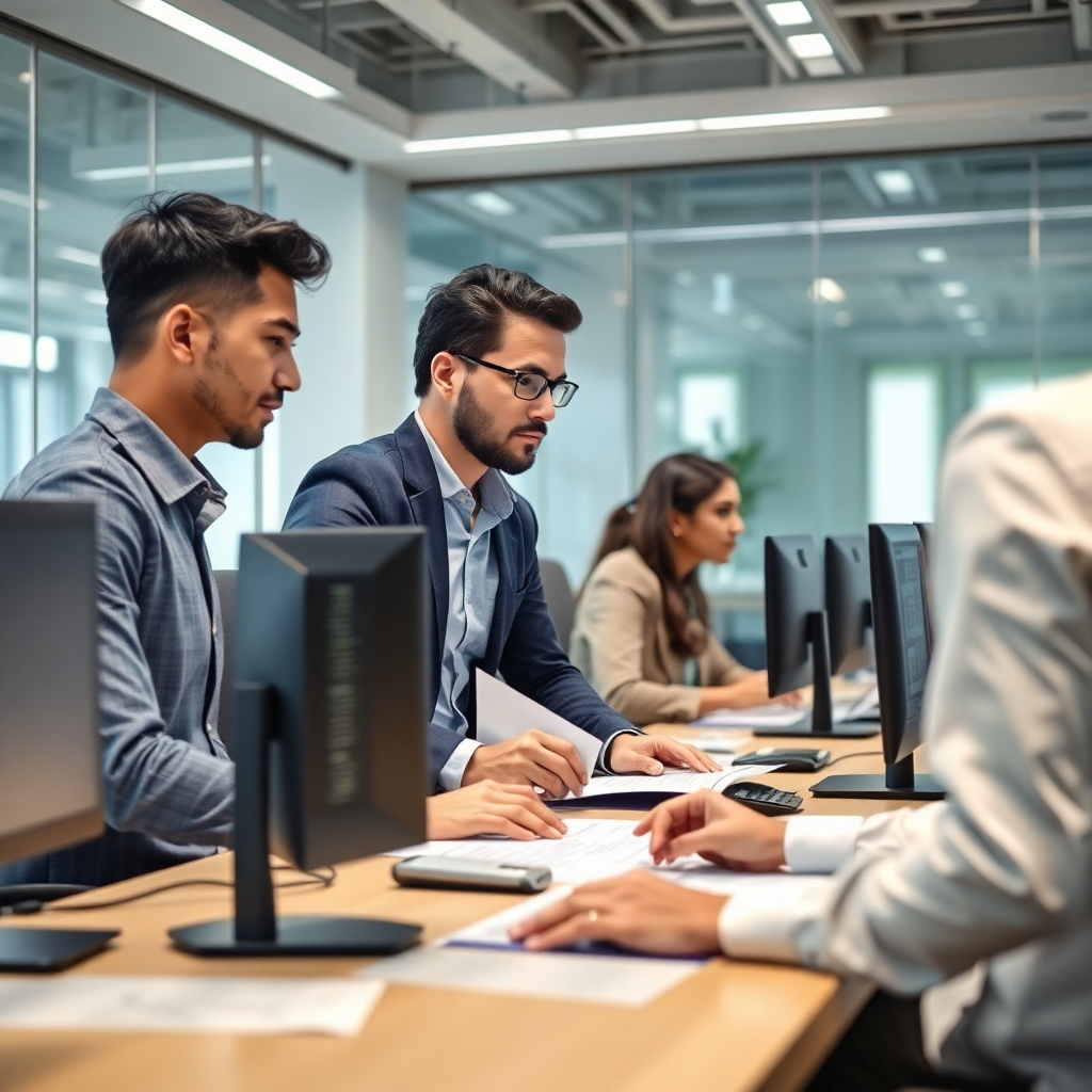 professional team analyzing documents and data on computers in modern Indian office, background verification specialists at work, clean corporate environment