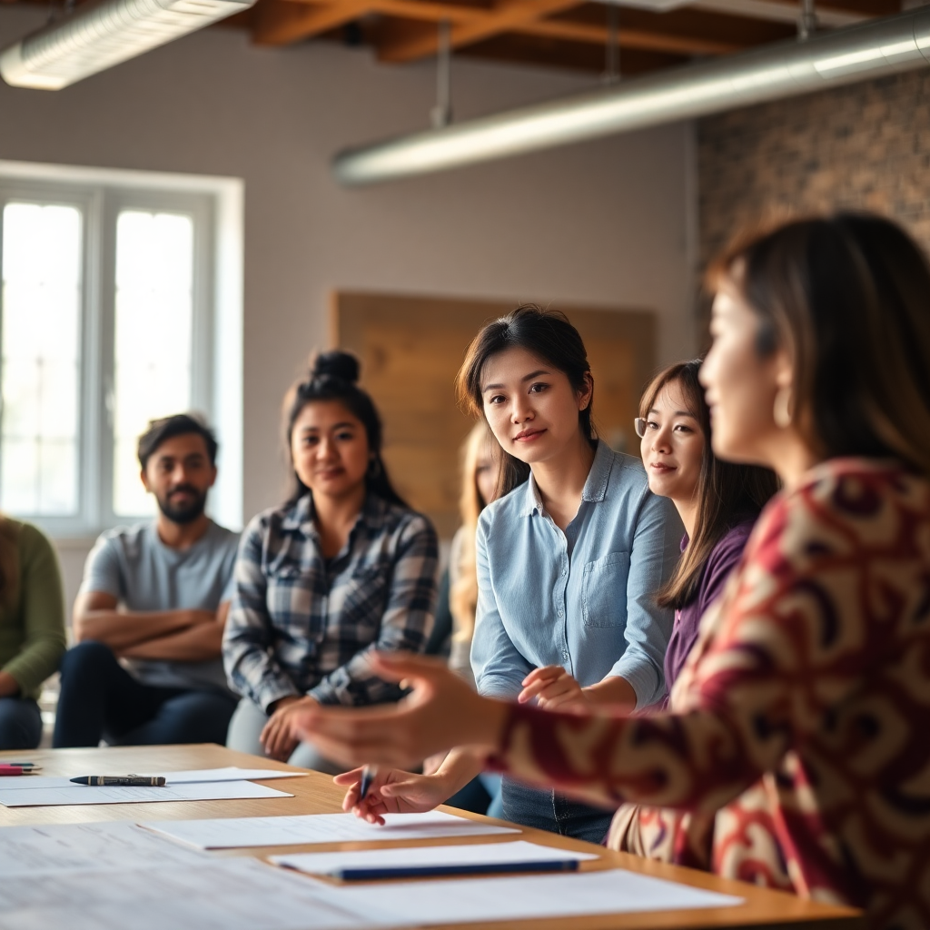 Asian woman teaching workshop to diverse group, collaborative environment, warm lighting