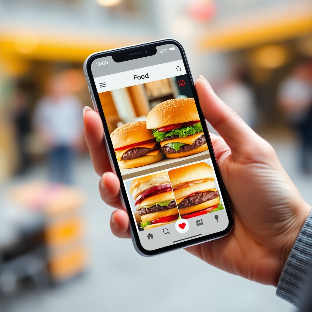 a smartphone display showing a food delivery app with burgers on screen held by a hand