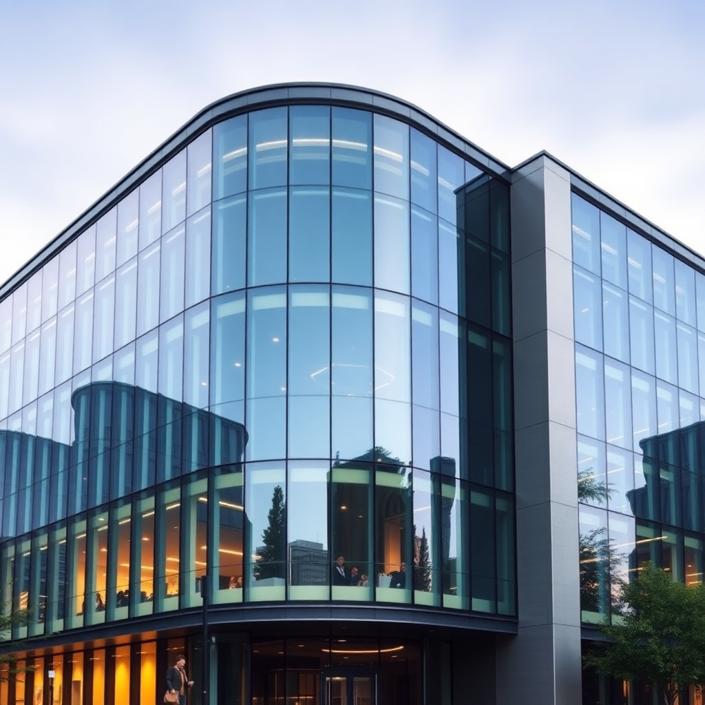 Escritório moderno com fachada de vidro, sede corporativa, arquitetura profissional