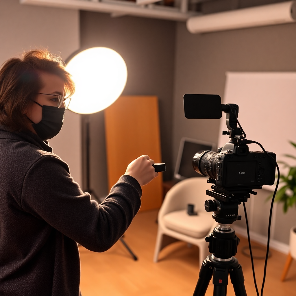 professional creator recording educational content in modern studio setup with ring light and camera