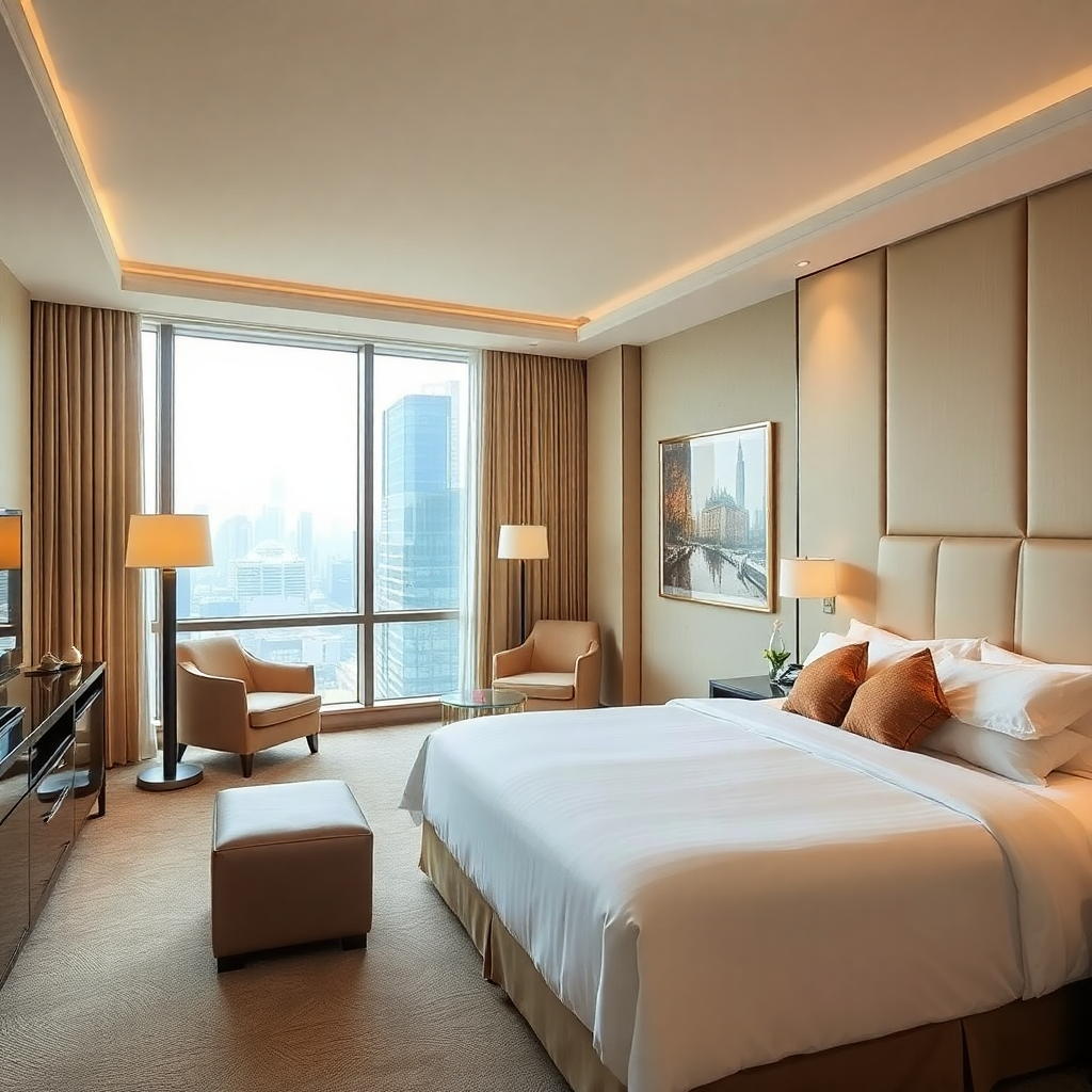 luxury hotel deluxe room with king bed, modern elegant furniture, city view, warm lighting, beige tones