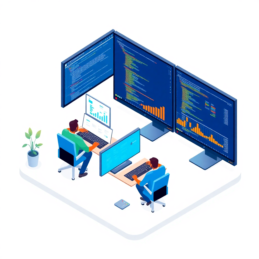 isometric illustration of software developers team working on big screens with code and charts, vibrant colors orange and blue, white background