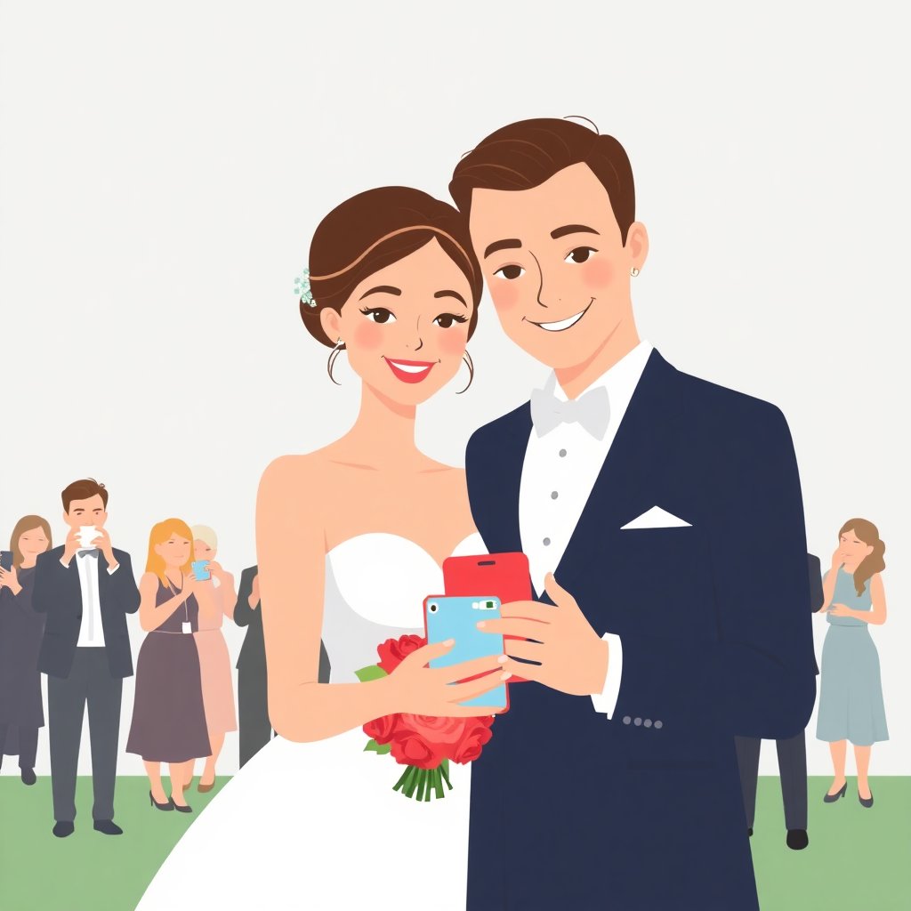 wedding couple looking at phone with guests taking photos in background, modern minimal illustration style