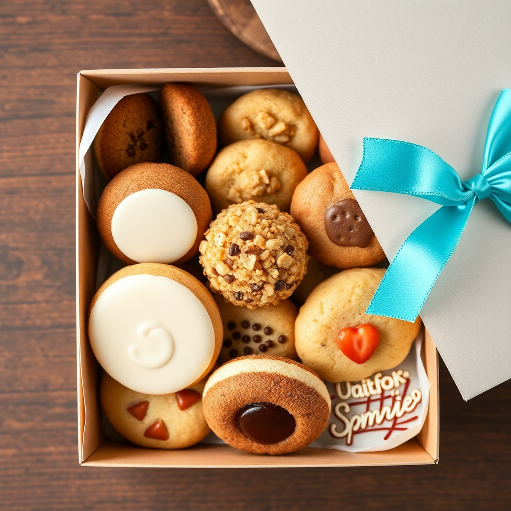 box of assorted gourmet cookies top view