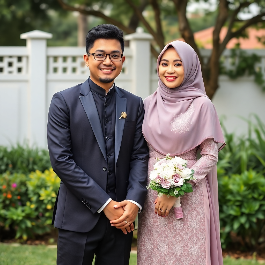 happy muslim couple wedding photo, smiling, holding hands, outdoor garden setting, high quality