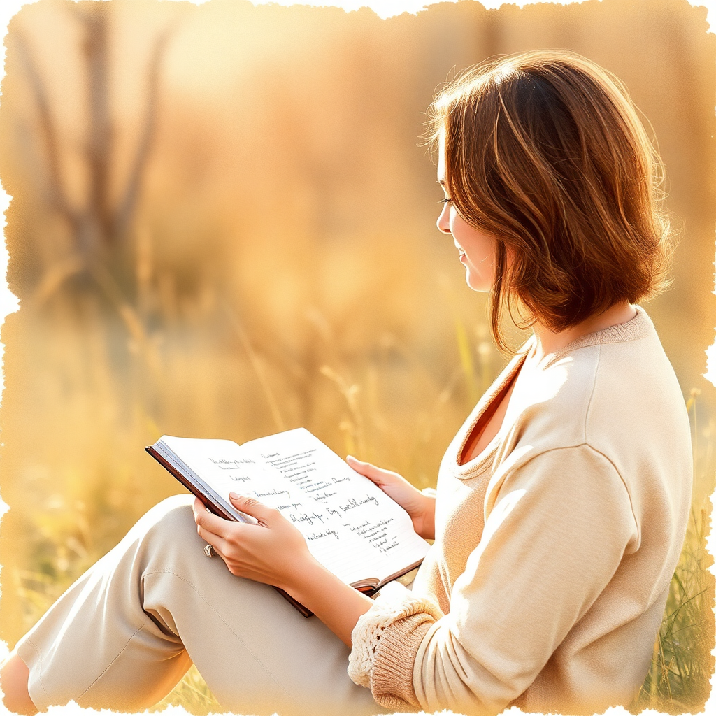 Person journaling peacefully in natural setting, soft morning light, watercolor style, calm and reflective mood, warm earth tones, healing journey concept